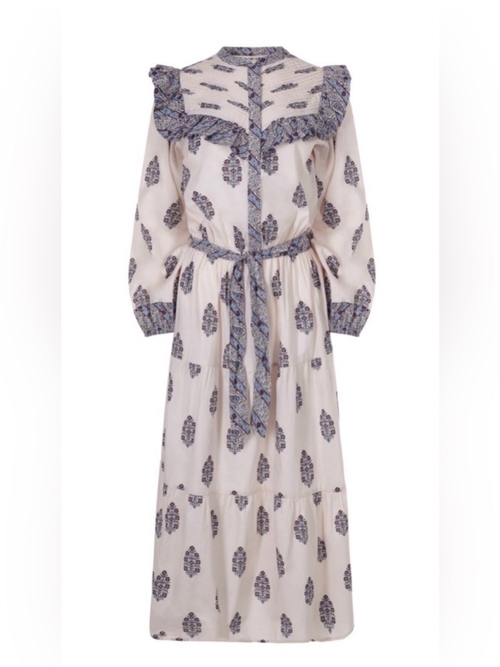 Women's Jane Beige Maxi Dress with Blue Print and Ruffle Collar XXX NWT